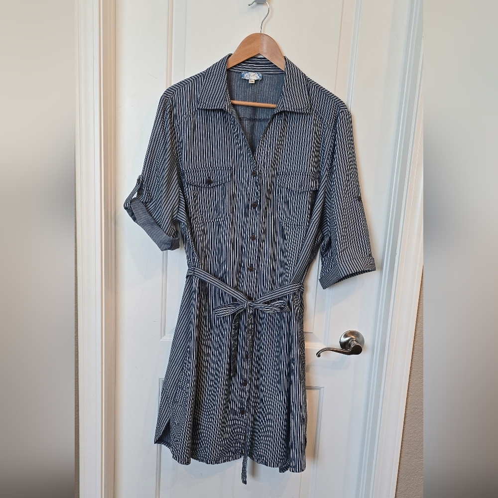 Vintage Retro-chic style denim look striped button front dress - 3X